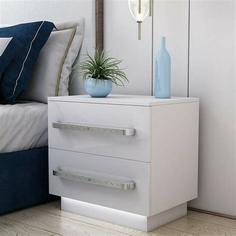 Woodyhome Modern High Gloss Led Nightstand 2 Drawers Bedside End Table