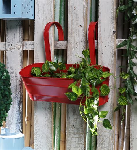 Railing planters are an easy way to add some color to your deck without taking up space. Buy Green Girgit Red Metal Oval Railing Planter Online ...