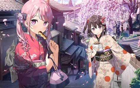 2girls Brown Hair Building Cherry Blossoms City Flowers Food Japanese