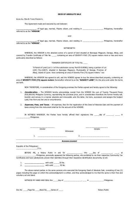 Property Deed Of Absolute Sale Of Real Property Sample