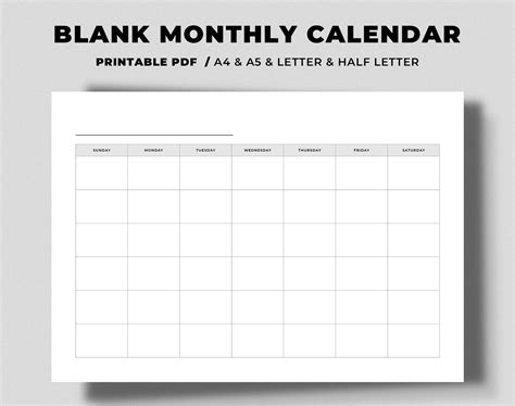 Blank Monthly Calendar Printable Horizontal Download Now Etsy