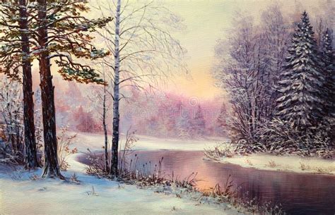 Winter Forest Landscape Vintage Original Oil Painting On Cardboard By