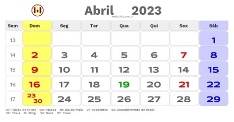 Calendário Do Mês De Abril