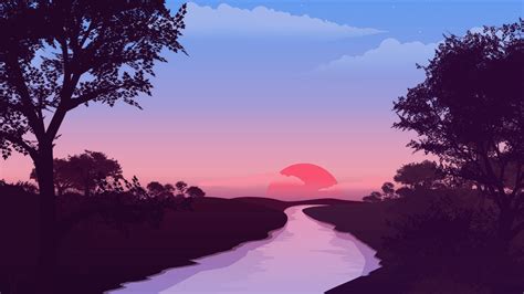 Download Wallpaper 1920x1080 River Sunset Landscape Art