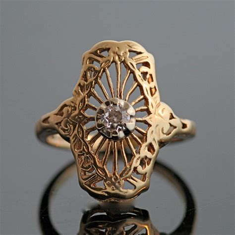 Antique Diamond Filigree Ring 14k Yellow Gold Ring With Etsy