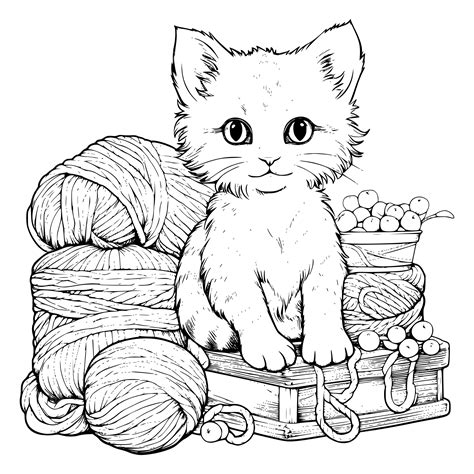 Furry Friends And Fiber Kids Coloring Extravaganza Vector, Cat And Yarn