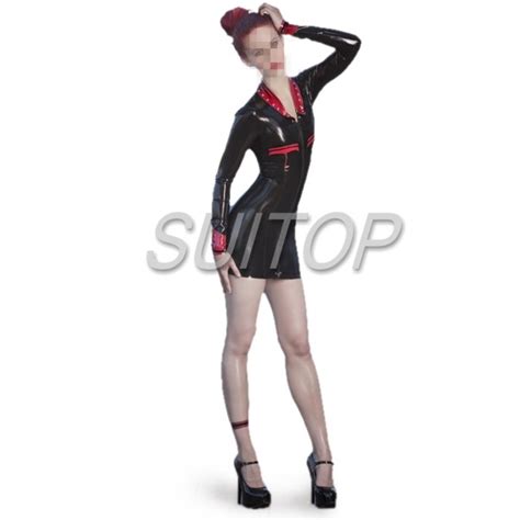 Sexy Casual Rubber Latex Tight Dress With Front Zip In Black Color For Lady