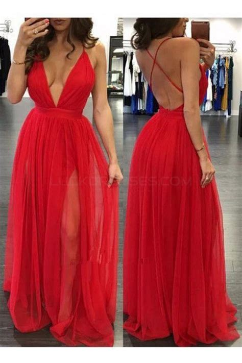 Sexy Deep V Neck Spaghetti Straps Long Red Prom Formal Evening Party Dresses 3021334