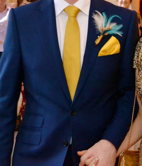 Grooms Blue Suit Gold Tie Handmade Turquoise And Gold Buttonhole Blue