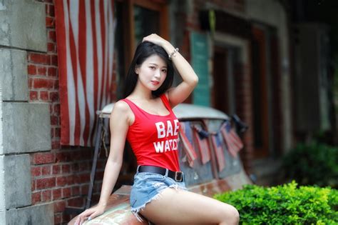 Model American Flag Women Outdoors Sitting Asian Women Tank Top
