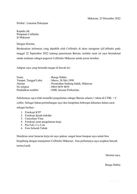 Contoh cv kreatif sebagai penguat surat lamaran kerja lengkap. Cara membuat Surat Lamaran Kerja Barista - Matamu