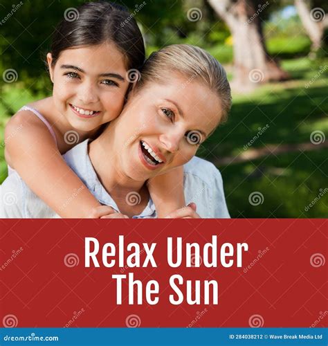 relax under the sun text on red with happy caucasian mother and daughter embracing in sunny