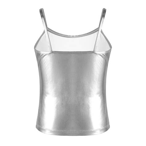 Girls Spaghetti Shoulder Straps Shiny Metallic Camisole Tank Top For