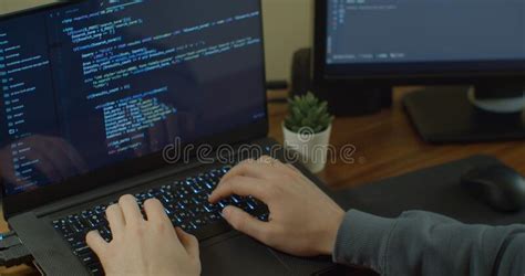 Closeup Coding On Screen Man Hands Coding Html And Programming On Two