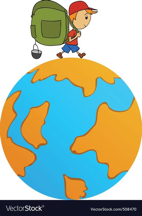 Vector Illustration Cartoon Travel Man With Backpack Around World