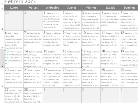 Calendario Litúrgico Del Mes De Febrero De 2023 Para Imprimir Camino