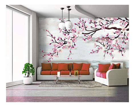 Large Wall Mural Watercolor Style Ink Painting Pink Cherry Blossom On