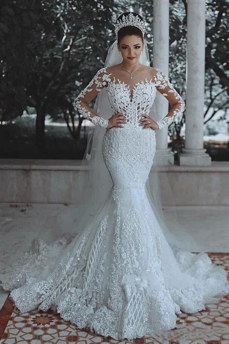 Long Sleeve Lace Wedding Dress Mermaid Beads Lace Appliques Wedding Gowns On Sale Promdress Me Uk