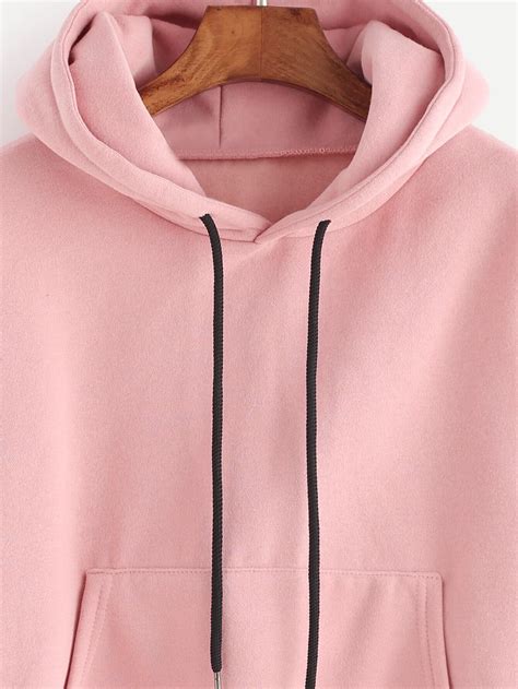 Pink Drop Shoulder Embroidered Patch Drawstring Hooded Sweatshirt