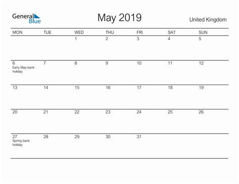 Printable May 2019 Monthly Calendar With Holidays For United Kingdom