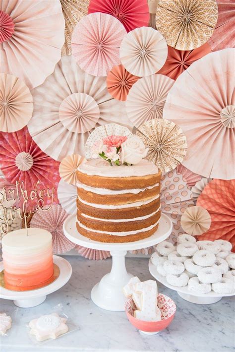 Cake Display From A Peach Coral Vintage Birthday Party Via Karas