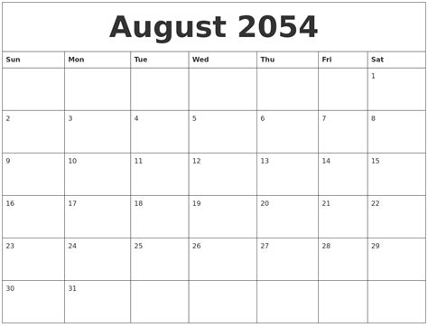 August 2054 Monthly Calendar To Print