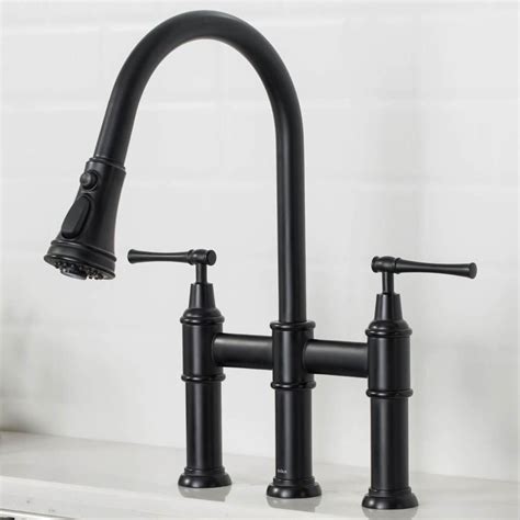 KRAUS Allyn Double Handle Transitional Bridge Kitchen Faucet With Pull Down Sprayhead In Matte