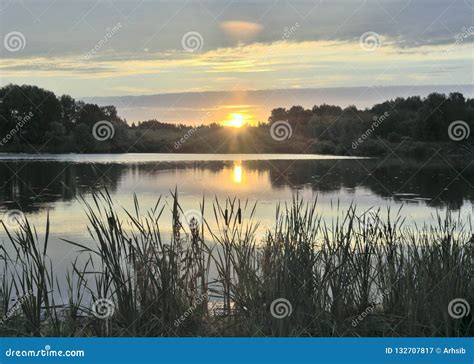 Morning Sunrise Over The Lake With Reeds Stock Image Image Of Region