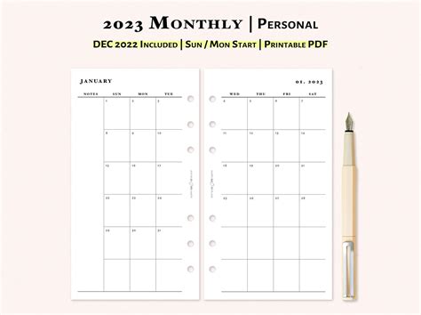 2023 Monthly Planner Printable Personal Size Inserts 2023 Etsy