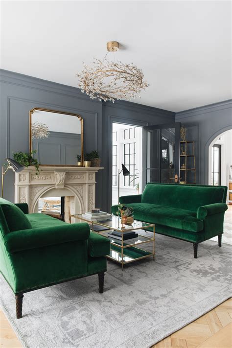Out of the 552,888 living rooms and 14 colors analyzed, 2.28 percent (or 12,597) use green as the dominant color. grey walls & carpet play well w/emerald tuxedo sofas (With images) | Transitional living rooms ...