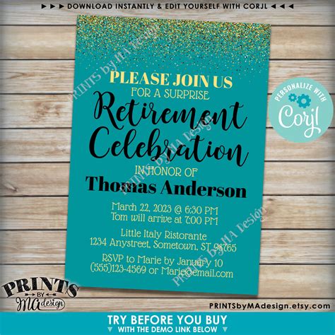 Retirement Celebration Invite Gold Glitter Custom Printable 5x7