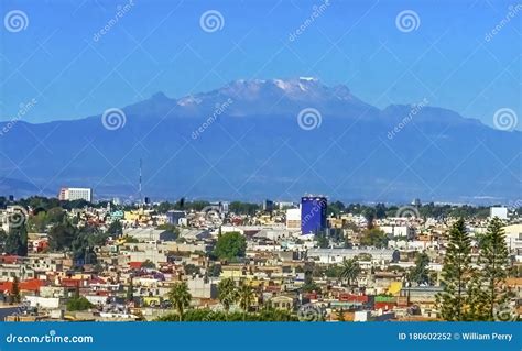 Overlook Buildings Snow Capped Mount Iztaccihuatl Puebla Mexico Stock