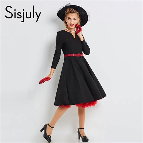 buy sisjuly vintage women dress autumn long sleeve retro v neck black dresses