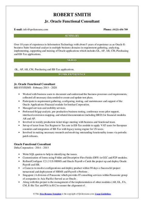 I read your advertisement recently for an experienced oracle functional consultant with a proven track record of installing and maintaining various oracle applications for businesses requiring customized plans, and i am a great choice for this position for many reasons. Oracle Functional Consultant Resume Samples | QwikResume