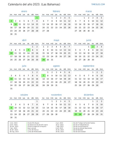 Calendario 2023 Con Días Festivos En Las Bahamas Imprimir Y Descargar