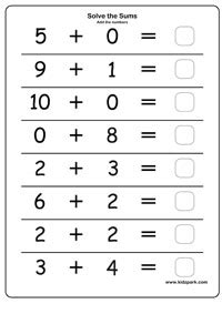 Primary School Addition Worksheets, Number from 0 to 10, Math Addition