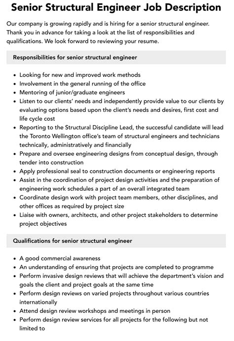 Senior Structural Engineer Job Description Velvet Jobs