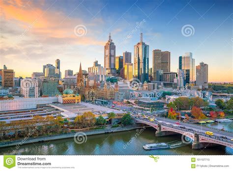 Melbourne City Skyline At Twilight Stock Image Image Of Lights