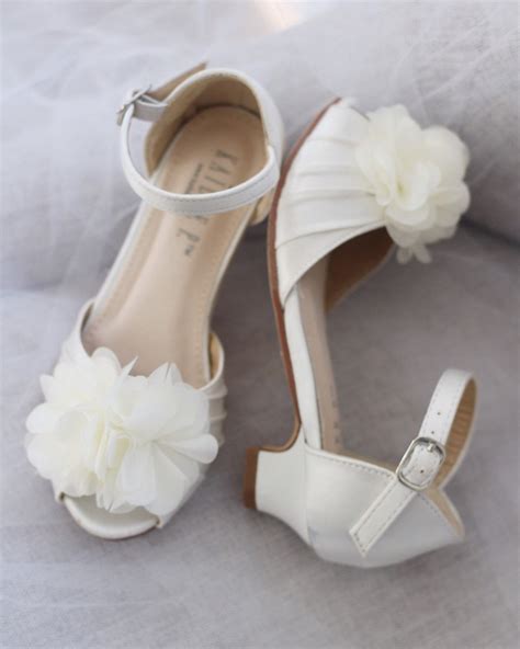 Ivory Satin Heel Sandal With Chiffon Flowers Flower Girls Shoes Jr