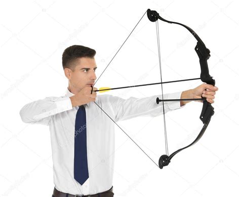 Young Businessman Practicing Archery On White Background — Stock Photo