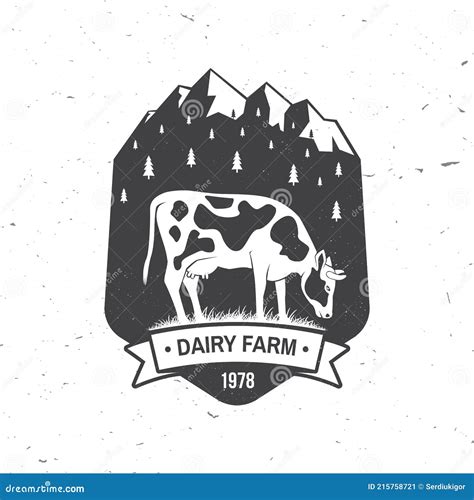 Dairy Farm Badge Logo Vector Typography Design With Cow And Mountain