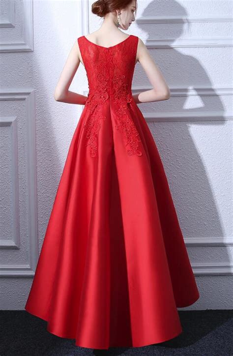 beautiful red satin and lace high low round neckline party dress red cutedressy