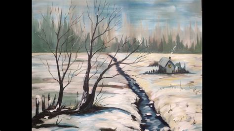 Acrylic Painting Tutorial Winter Snow Scene Landscape Big Canvas Youtube