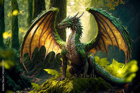 Forest Dragon With Wings Sitting On Stone In Green Woods Postproducted