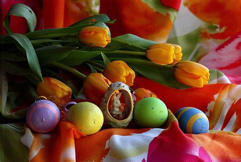 Easter Decoration Colorful Easter Holidays Eggs Flowers Tulips