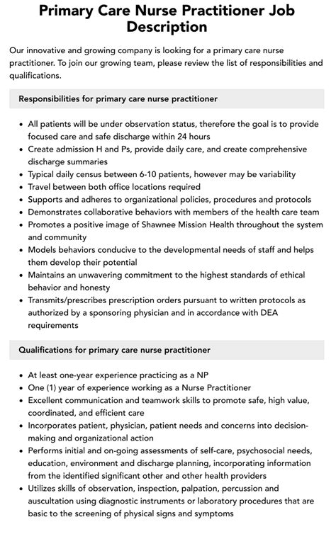 Primary Care Nurse Practitioner Job Description Velvet Jobs