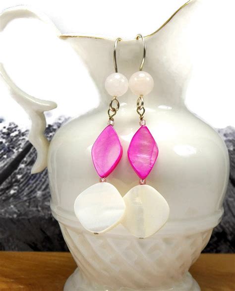 Pink Earrings Mother Of Pearl Shell Earrings Pink Dangle Etsy