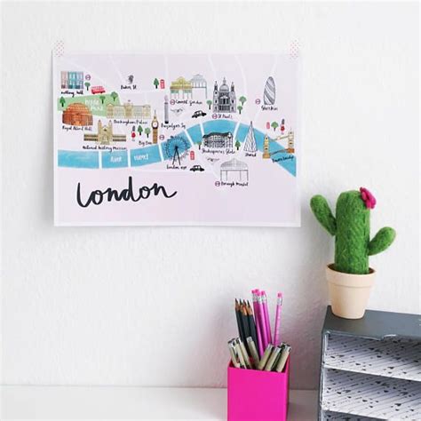London Map Poster A3 Watercolour Art Print Hand Lettered London Map