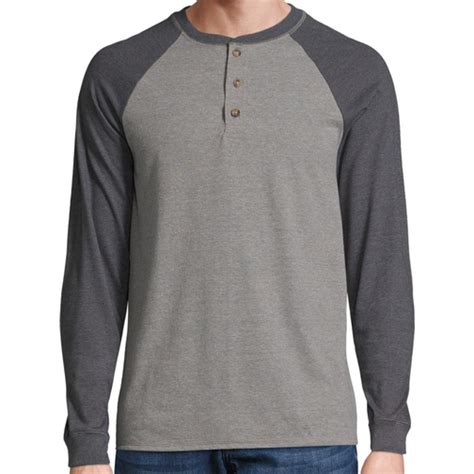 Hanes Beefy T Long Sleeve Colorblock Henley T Shirt Oxford Grayslate