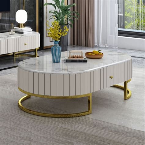 Epaule 1210mm Modern Oval Faux Marble Top Coffee Table Drawers Gold